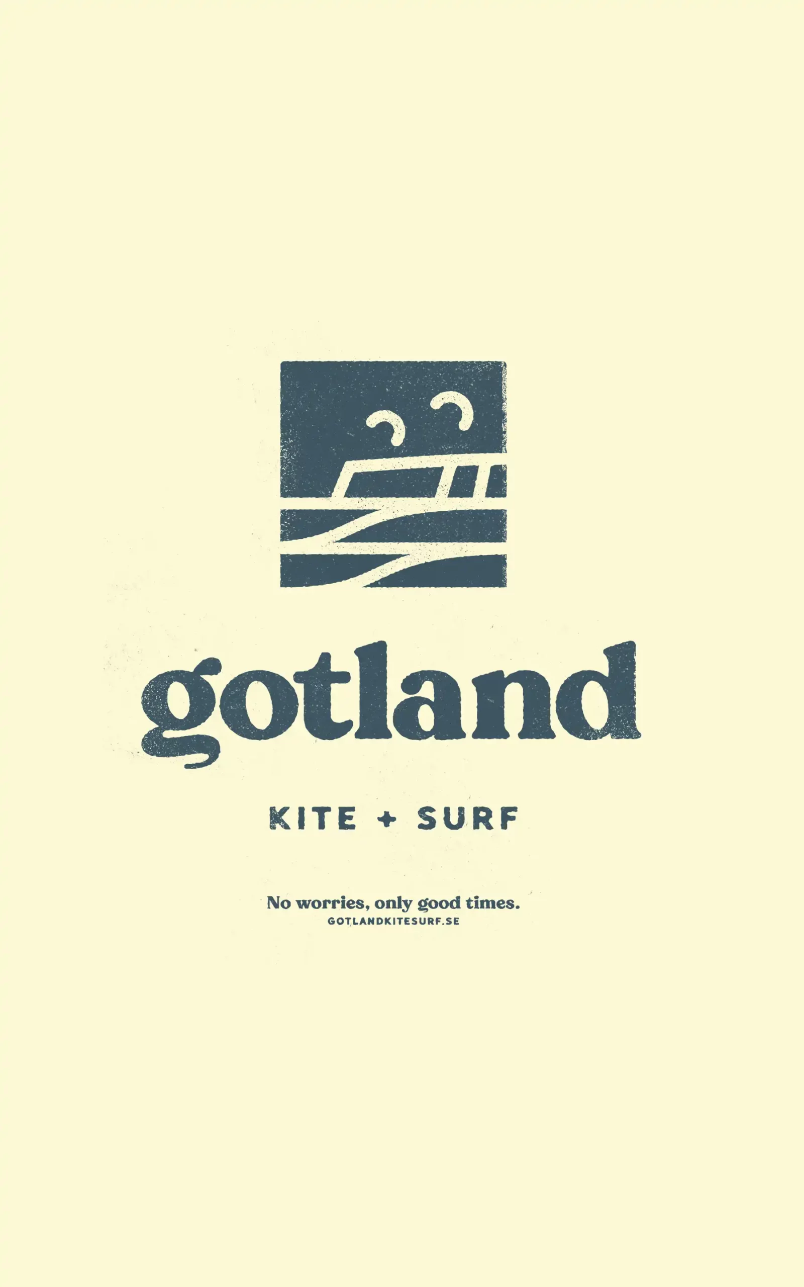Logo Design for the gotland based kiteboarding school, Gotland Kite and Surf. The logo consiss of a typical gotland sea cliff in the background, and 2 kites overhead. In the foreground there are 2 perfect waves.