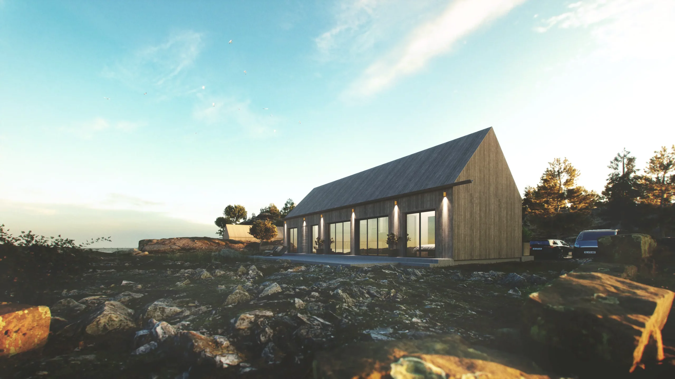 3D Architectural Render in a photo realistic style of a house on the Swedish island of Gotland.