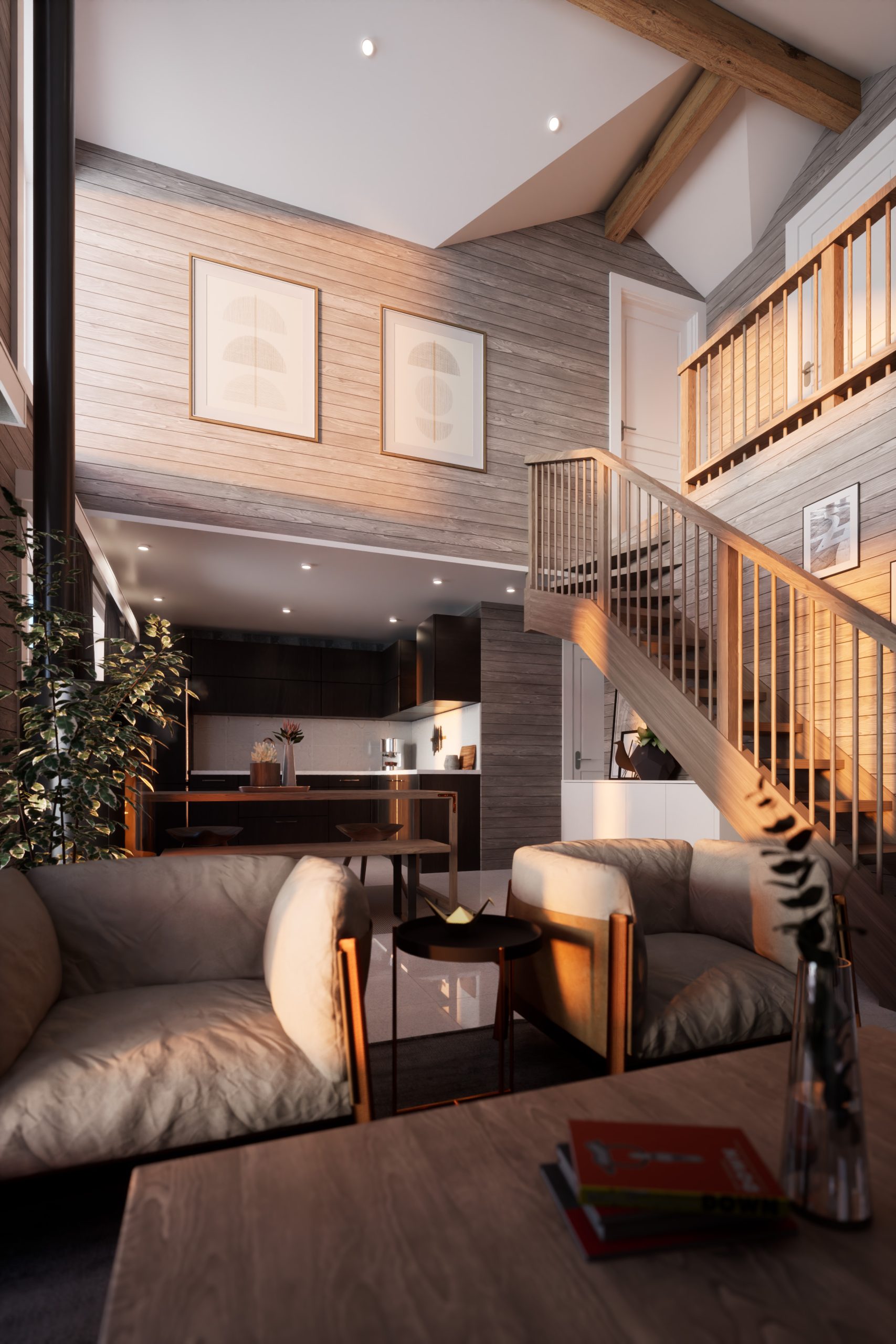 A photo realistic interior render of a modern Swedish ski cabin. This angle shows how the light shines through the tall windows, and the beautiful wooden staircase leading up to the loft.