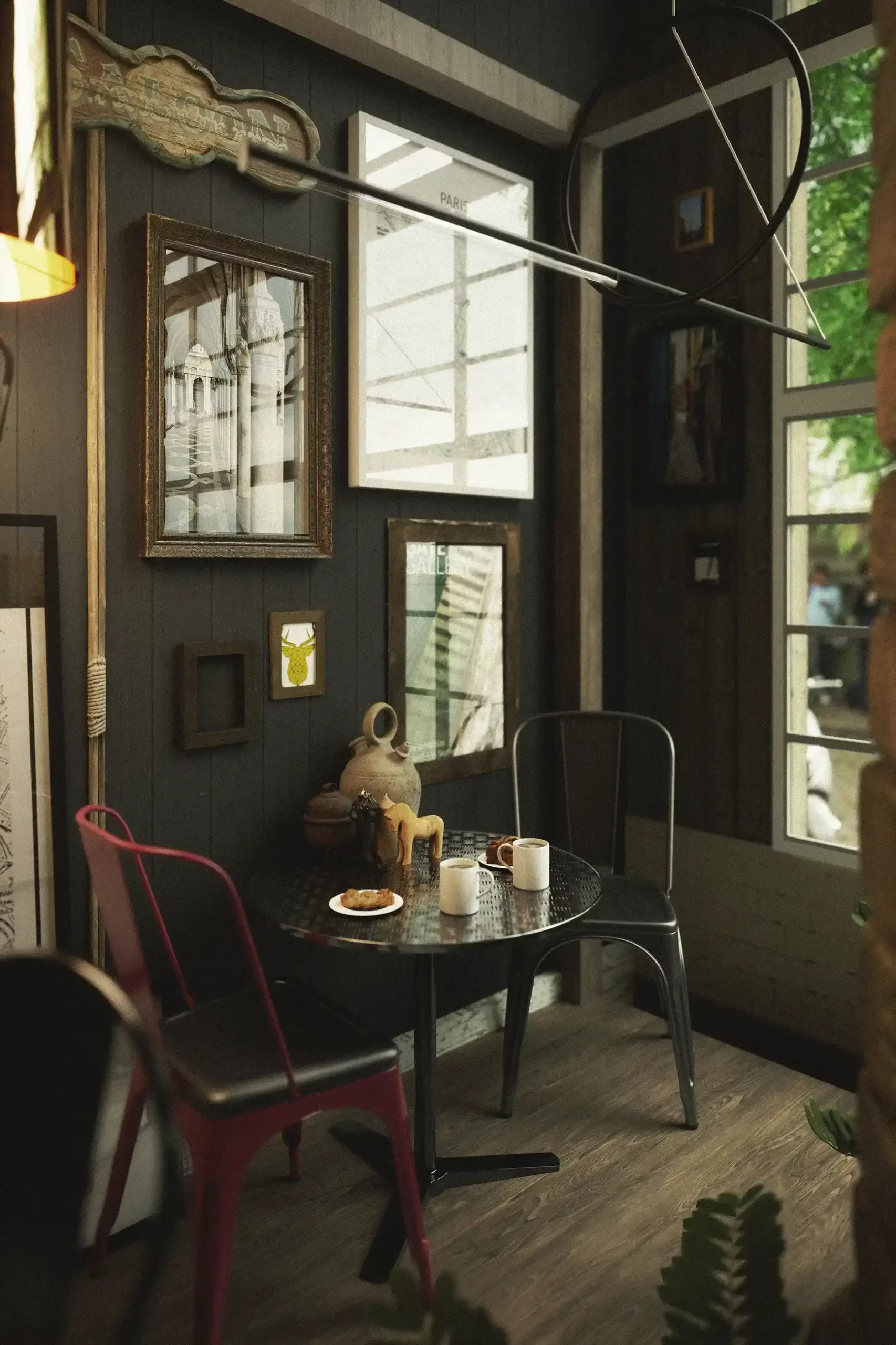 A photo realistic interior render of a cozy cafe in Stockholm.