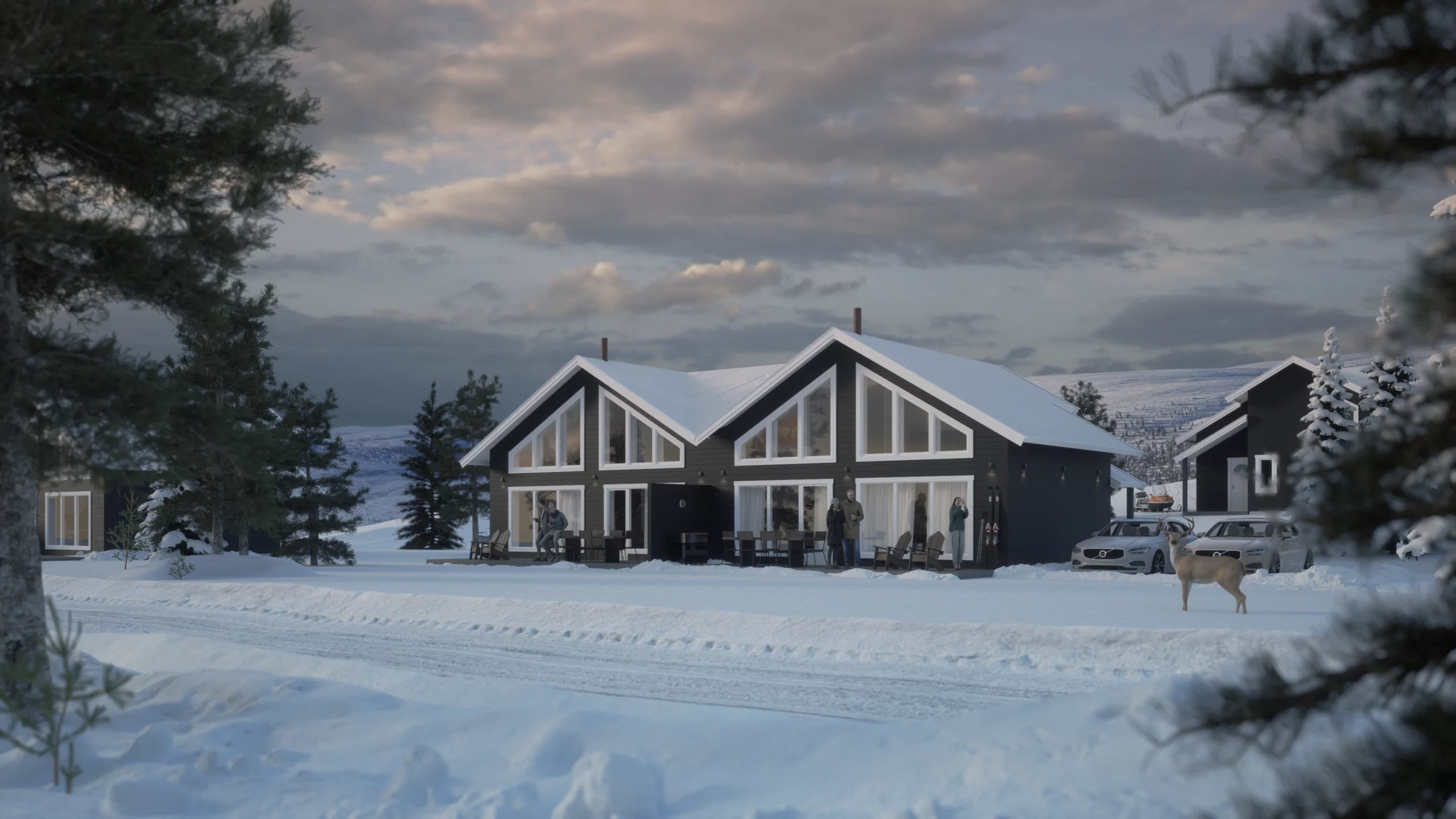 3D Architectural Render in a photo realistic style of a house in the Swedish mountains surrounded by snow.