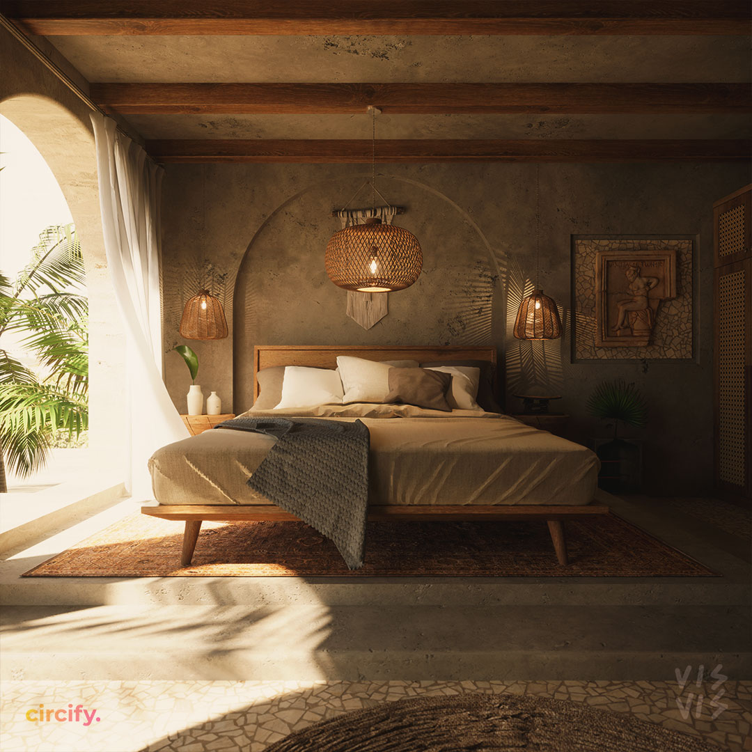 An interior render in a realistic style of a middle eastern themed bedroom.