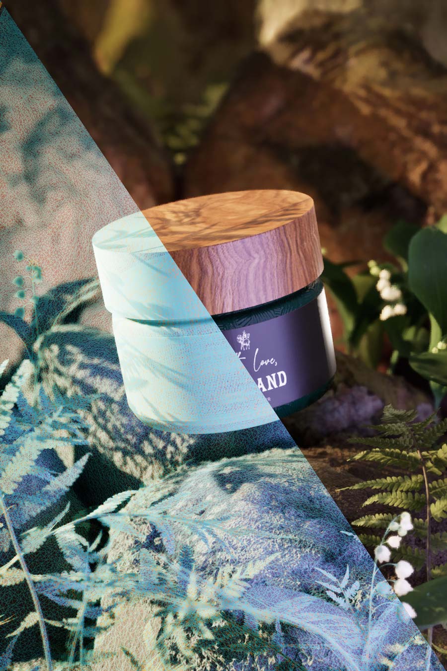 3D render of a cosmetic product set in a dense jungle. Completely computer generated.